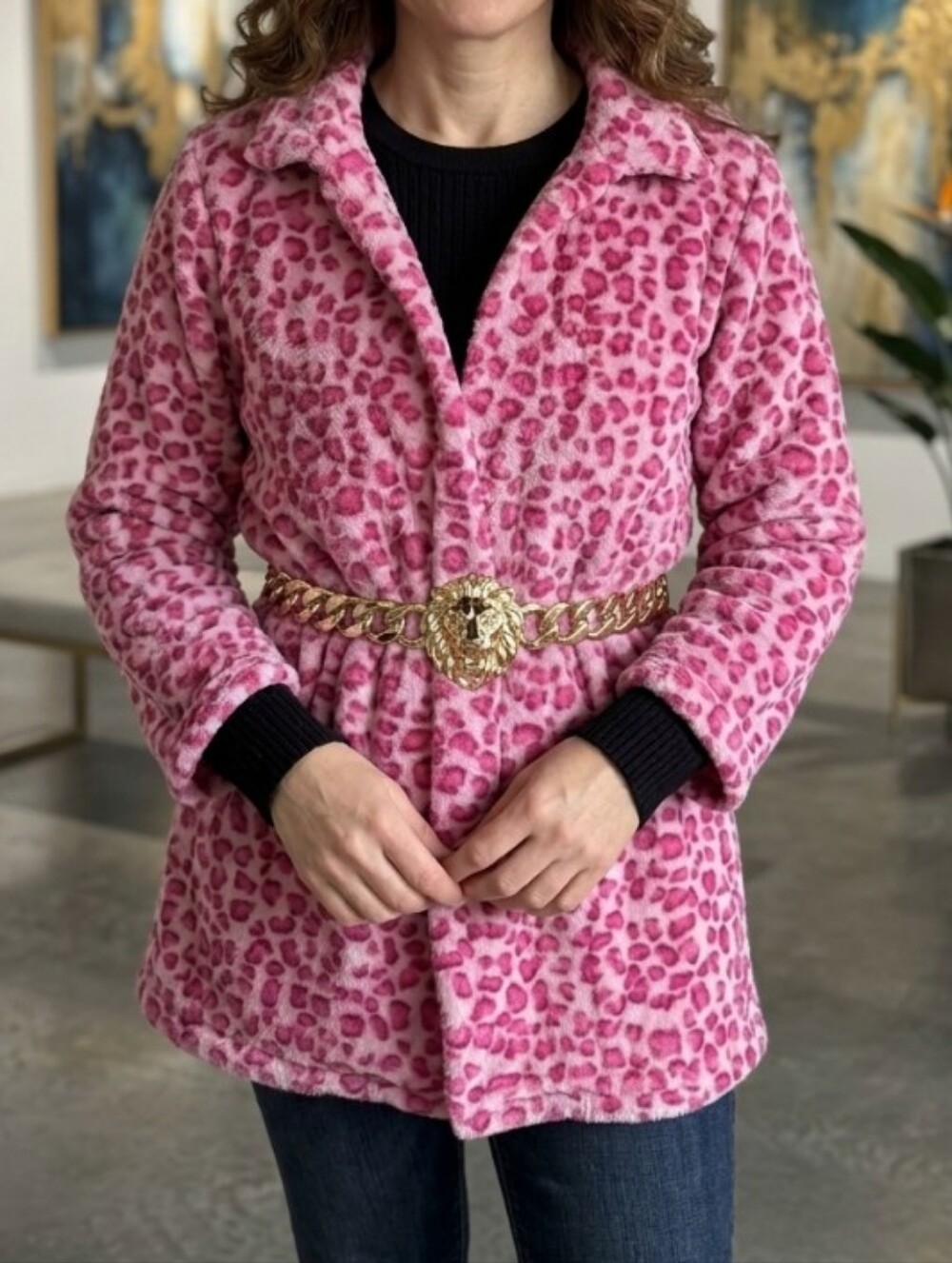 Pink Leopard Print Faux-Fur Jacket - Women's Coat Size 2XL
